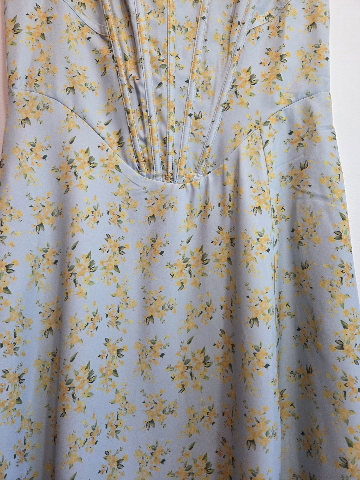 UNBRANDED Size L Blue/Yellow Floral Square Neck Corset Back Lace Up Midi Dress