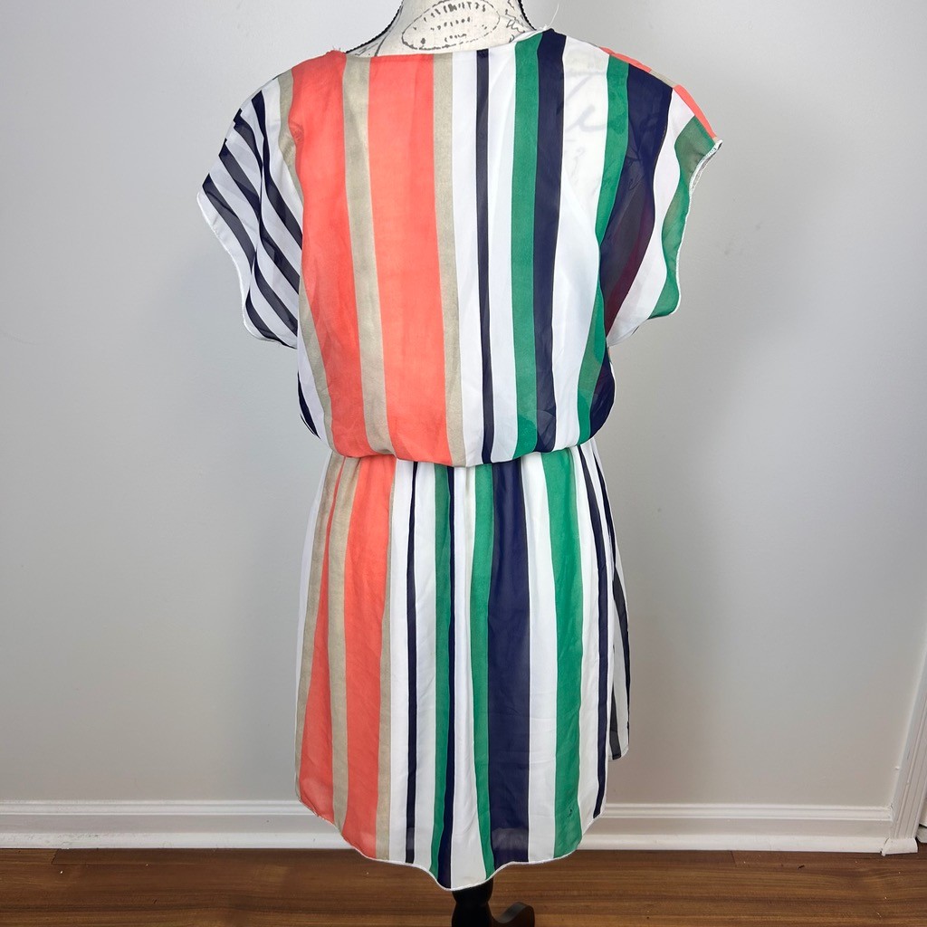 Espresso Colorblock Striped Chiffon Dress Womens Medium Green Orange Navy White