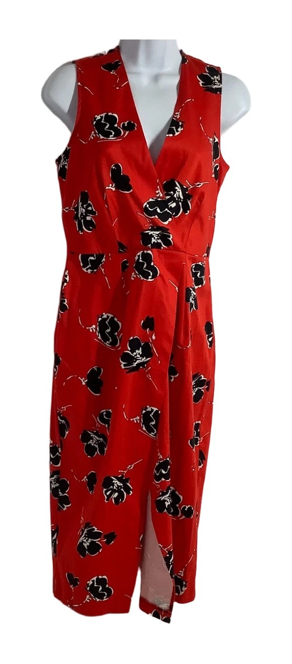 Closet London Floral Print Dress UK 10 Red Black Sleeveless V Neck 42in Cotton