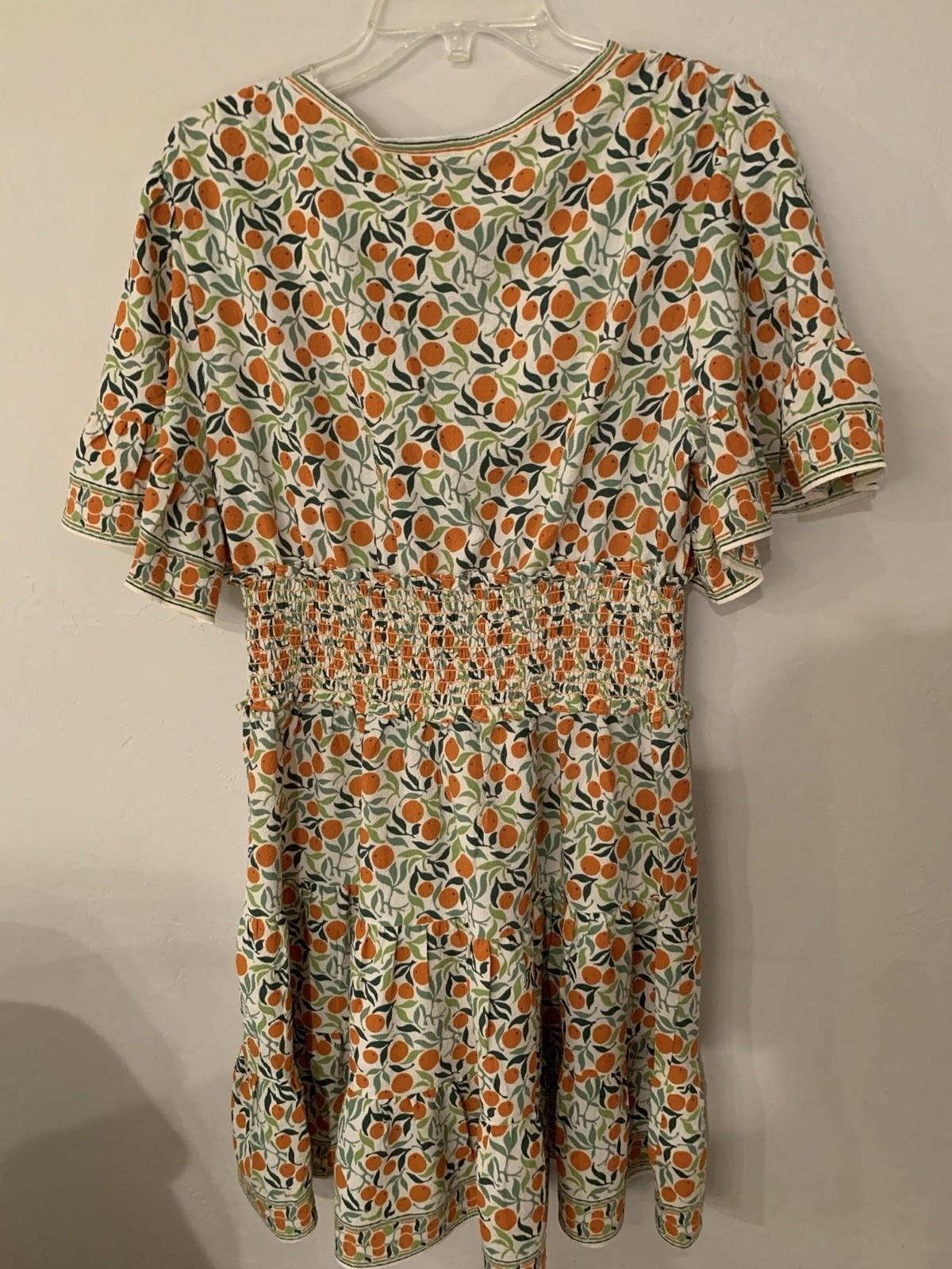 Max Studio London White Orange Green Floral Smocked V-Neck Mini Dress L NWT