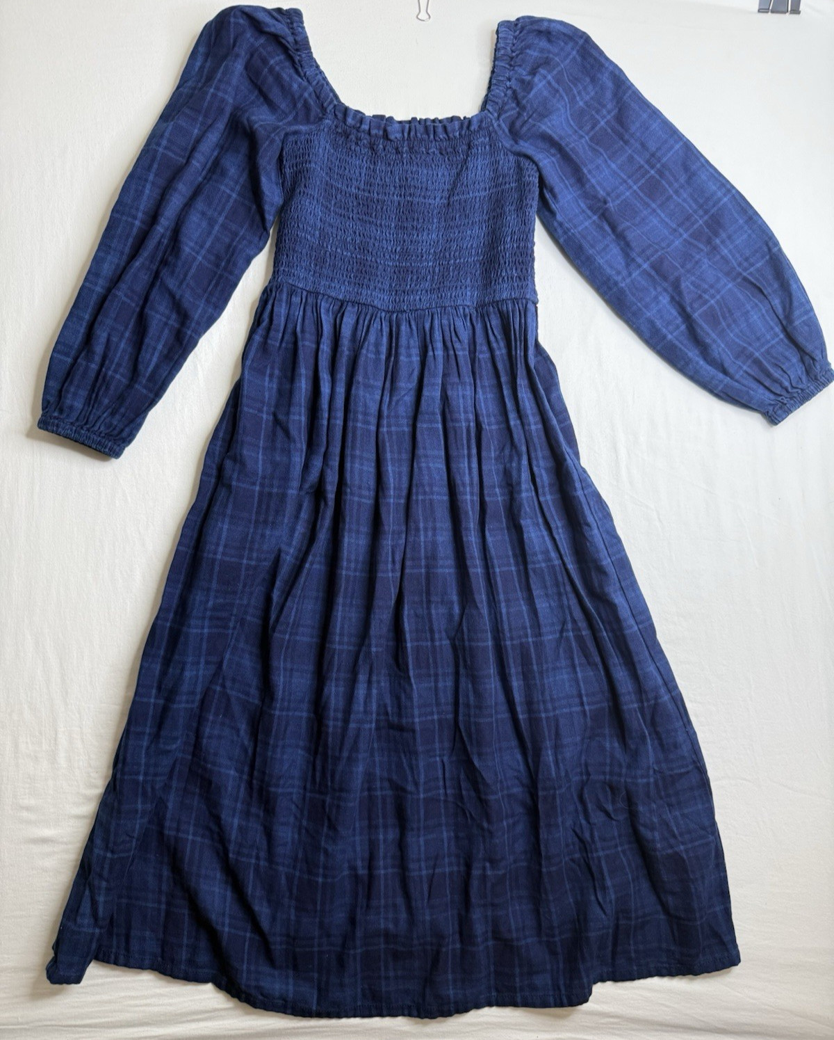J.Crew Women’s Blue Plaid Smocked Square Neck Puff Sleeve Midi Dress Size XS