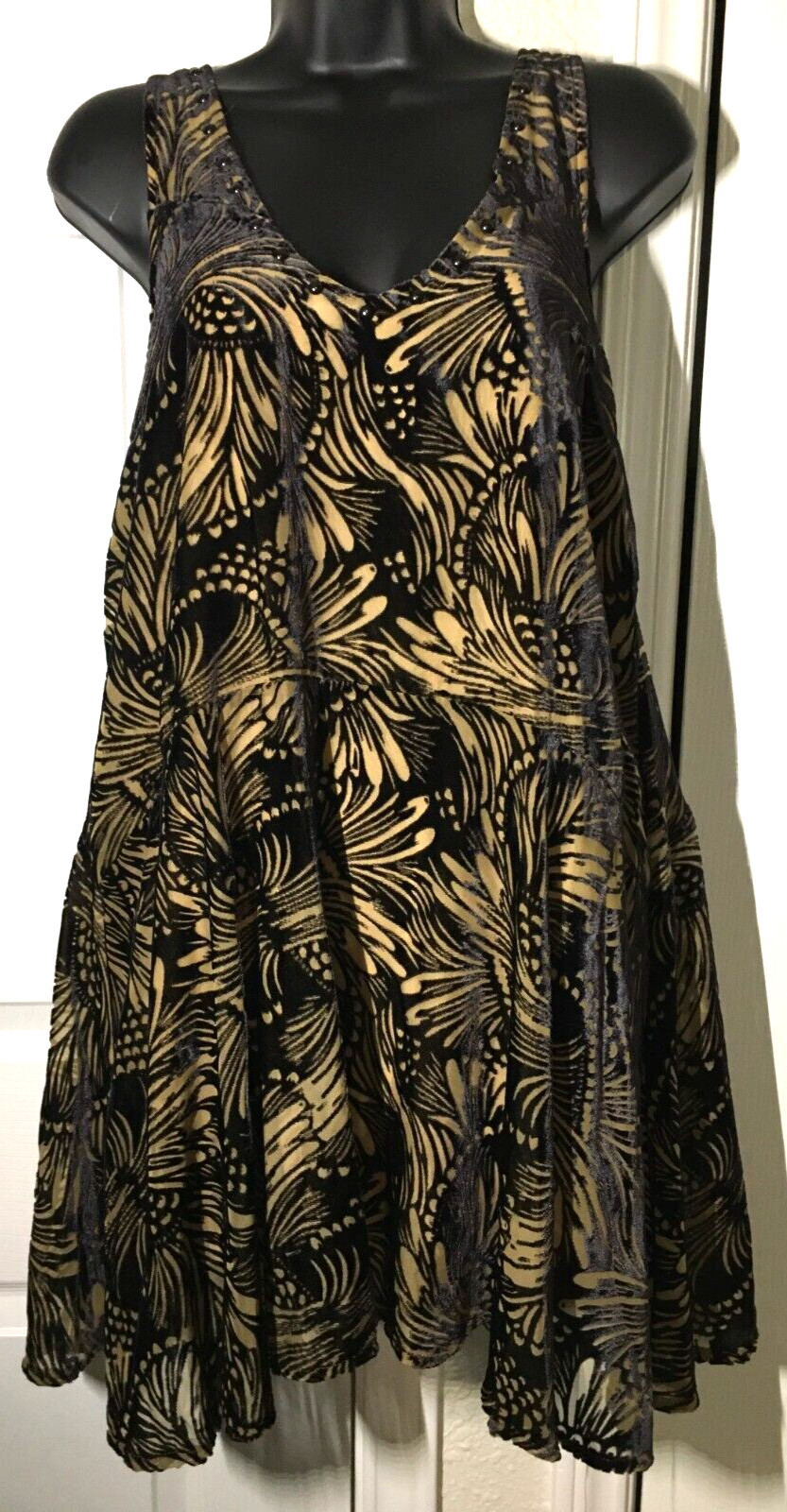 Free People Sleeveless Black & Brown Burnout Velvet swingy mini dress Small Nwt