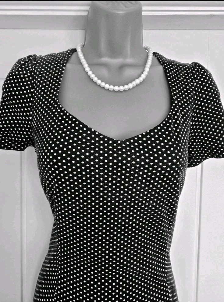 Vintage 1940s 1950s Style Black Polka Dot Wiggle Dress Size 12 TWINWOOD