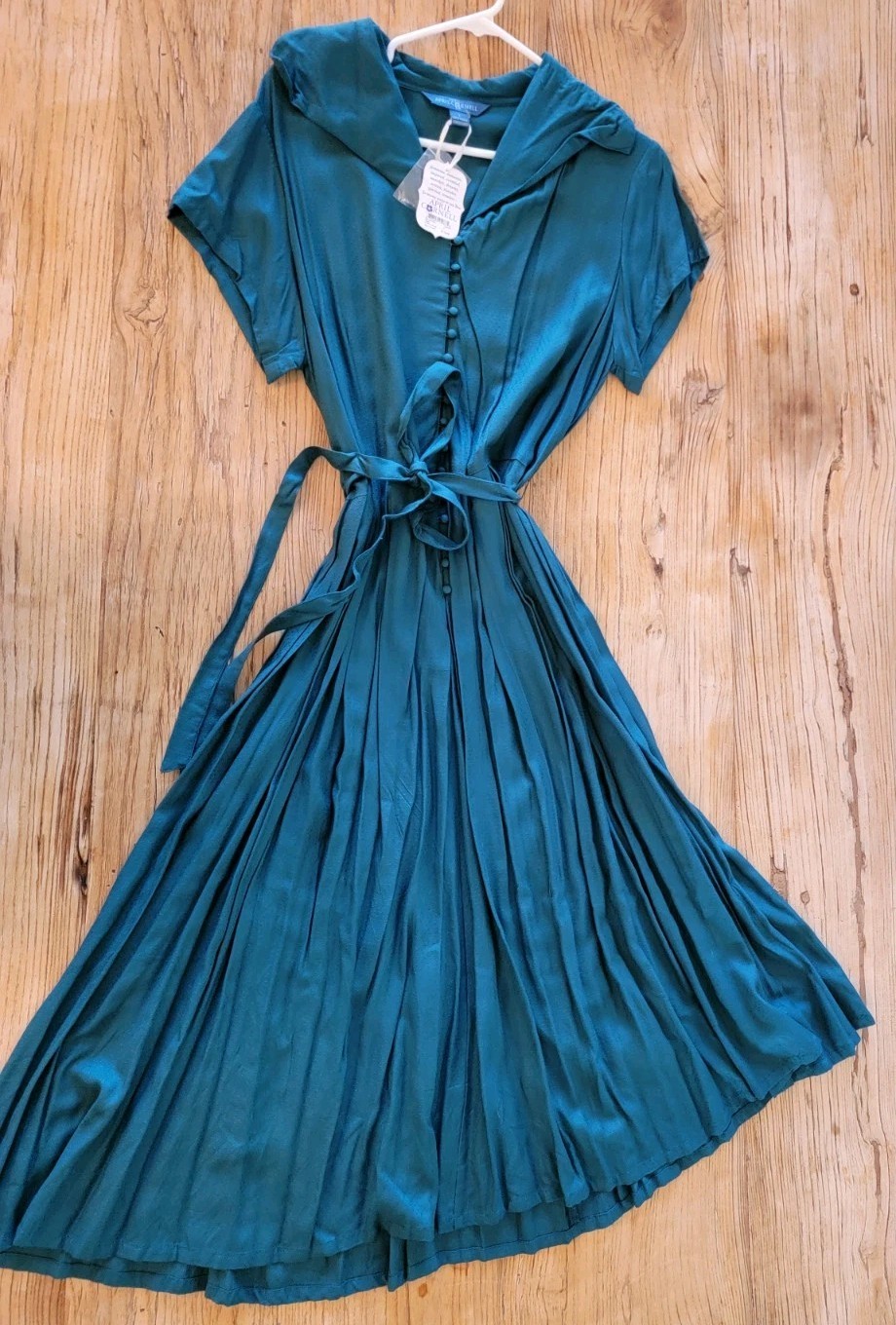 NWT Cornell Romantic Shirtdress L Midi Belted Blue Teal Fabric Covered Buttons
