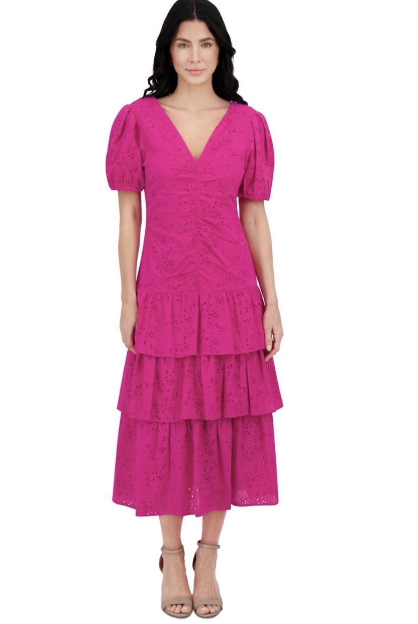 Kensie Embroidered Layered Puff-Sleeve Maxi Dress Women’s 8 Hot Pink Back Zip