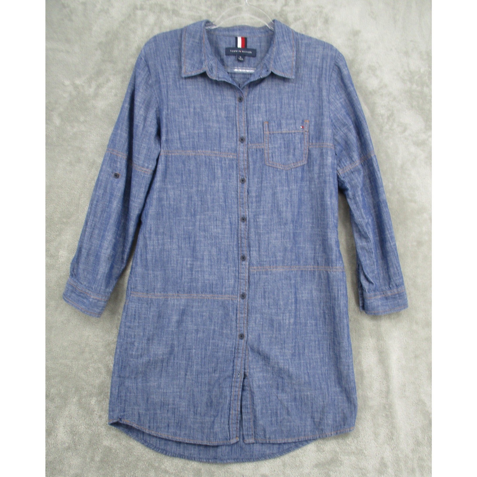 Tommy Hilfiger Shirt Dress Womens Medium Button Front Patchwork Blue Preppy Logo