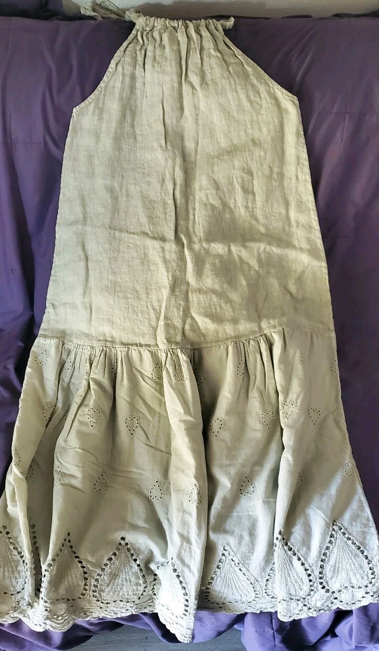 Valentina Naldi Made in Italy 100% Linen Eyelet Tie Shoulder Midi Dress M