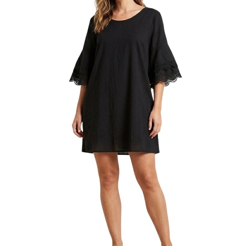 Cristina Vergani Black Linen Blend Lace Sleeve Resort Dress Lagonlook 2X Italy