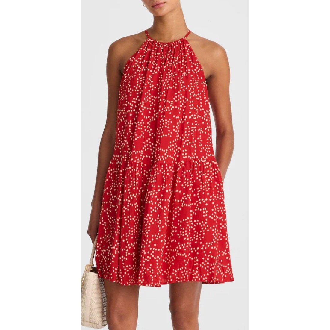 Madewell Red Polka Dot Halter Tiered Mini Dress Pockets NV410 Womens Medium NWT