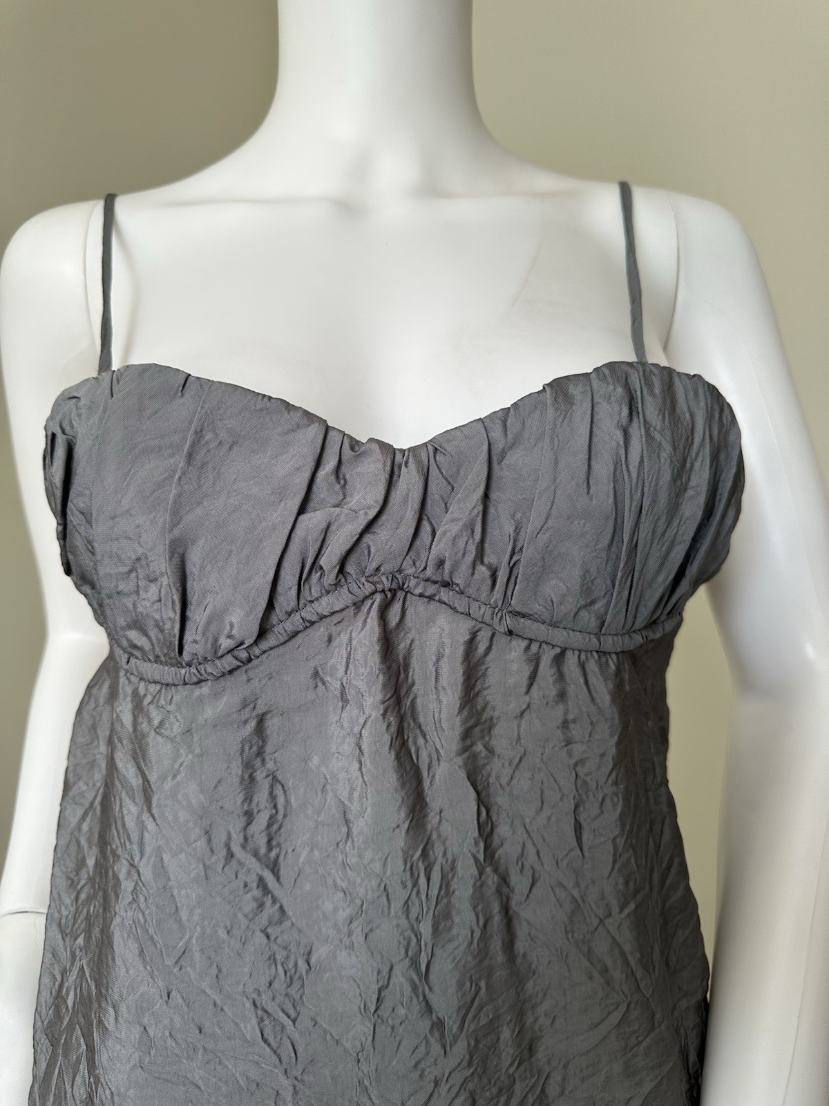 Zara : Ruched Midi Slip Dress Viscose Polyamide Strappy Sleeves Backless Lined