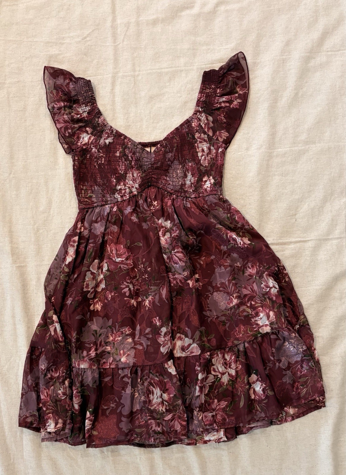 Lulus Burgundy Pink Floral Fit & Flare Square Neck Smocked Chiffon Mini S