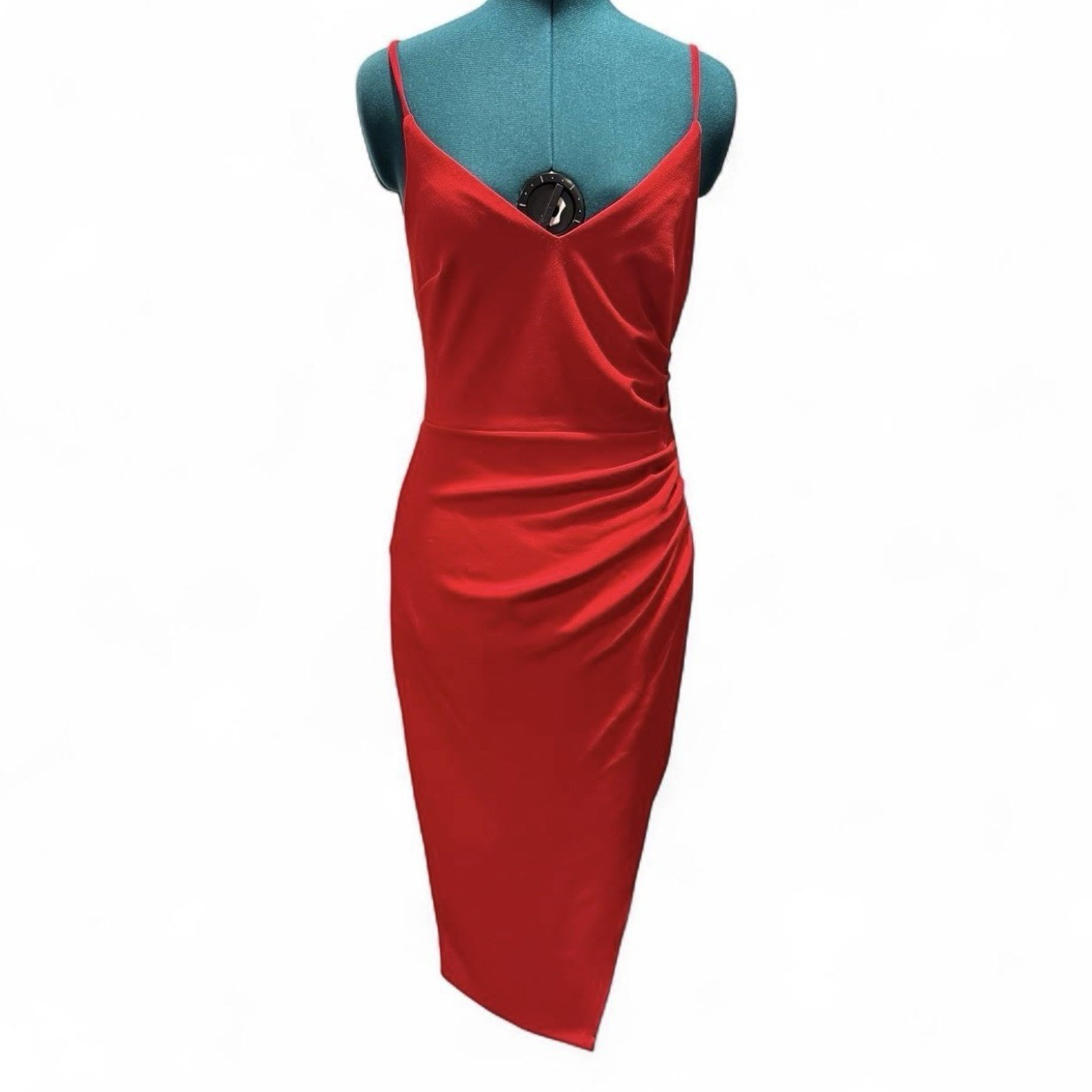 Premier Amour Women’s S Red Solid Satin V-Neck Sleeveless Ruched Sheath Midi