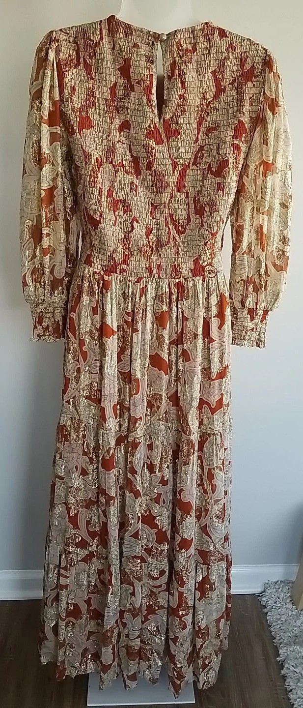 Boden Smocked Jacquard Maxi Dress Rust Copper Paisley Gold Metallic US 8 EUC