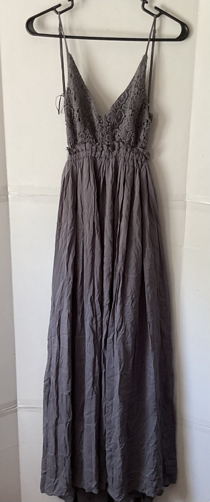 WISHLIST Maxi Dress Large Gauzy Gray BOHO Flowing Crochet Fairy Empire Waist