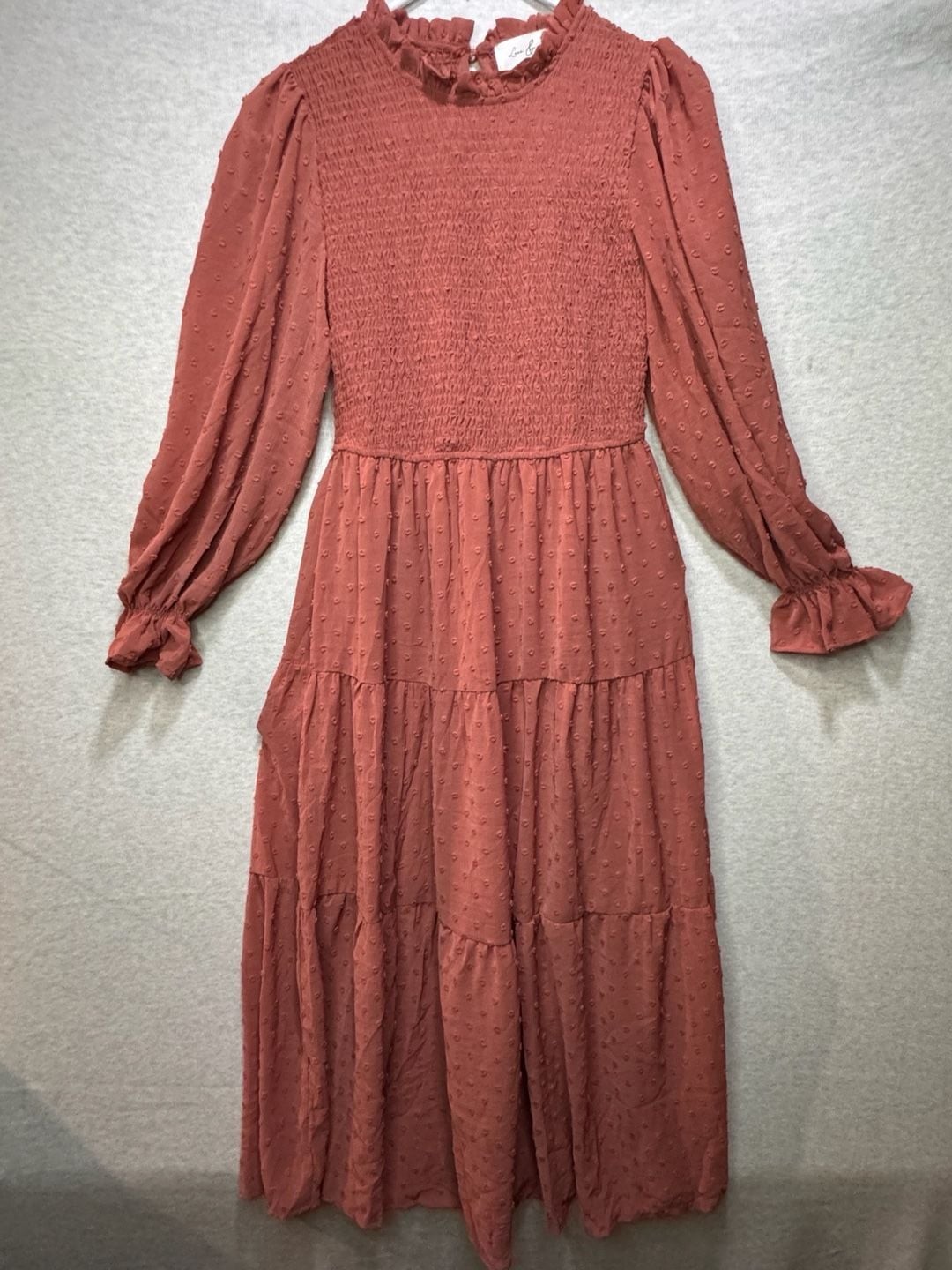 M – Lace & Lilac Long Sleeve Smocked Tiered Midi Dress in Rust
