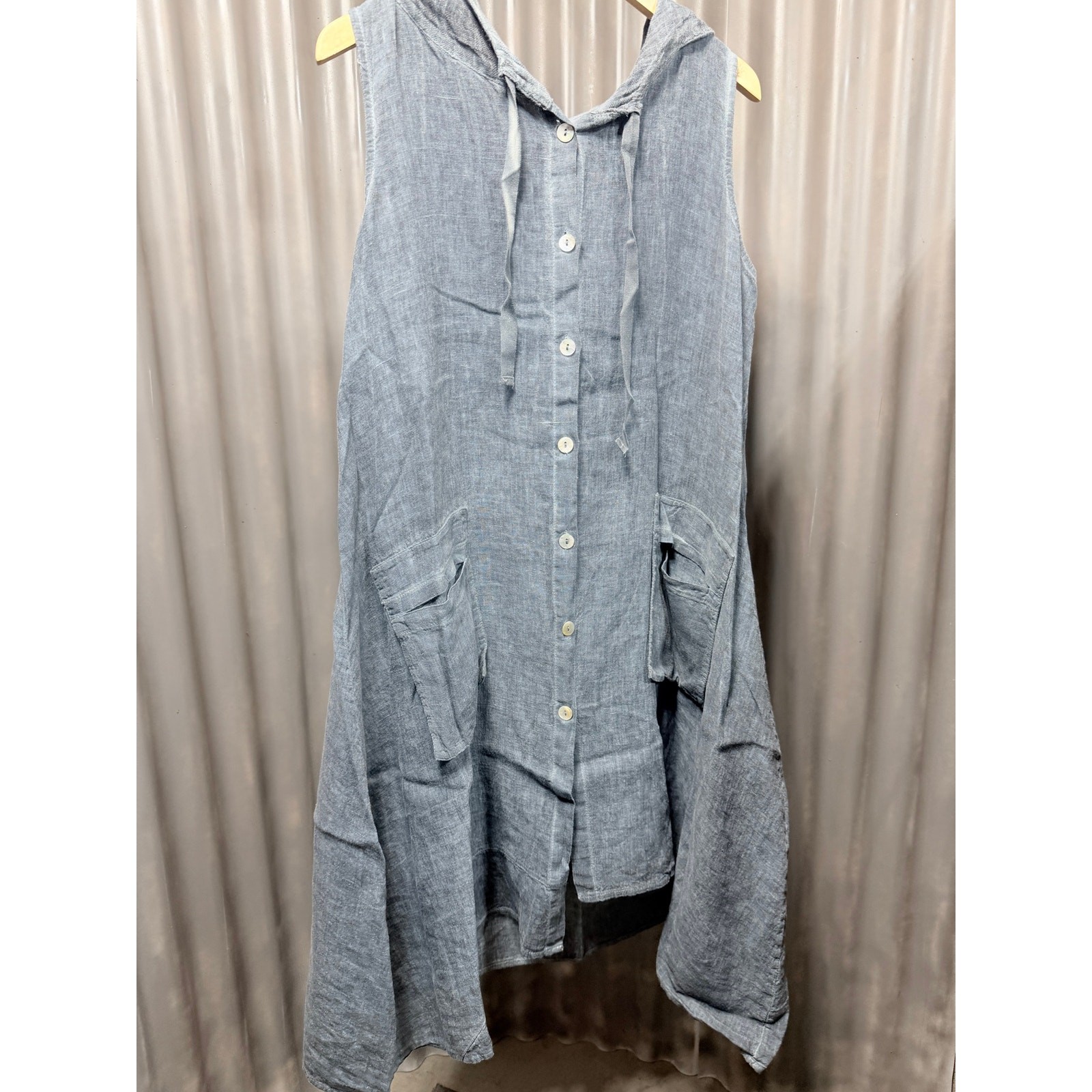 Inizio 100% Natural Linen Dress Medium M Blue Slate Hooded Button Front Maxi