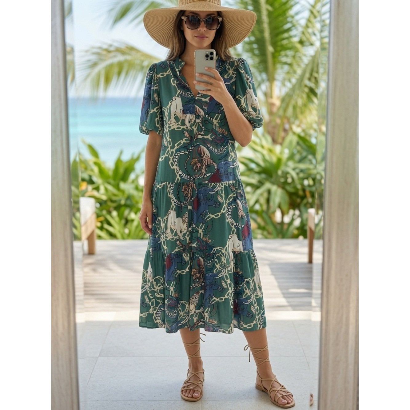 NWOT Emily McCarthy Green Animal Print Tiered Midi Dress Size M vacation summer