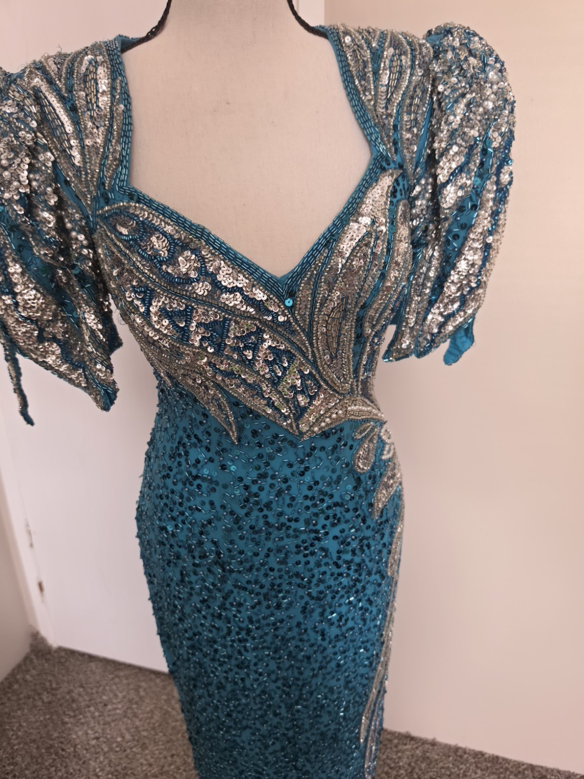 Vintage 80s 90s Alyce Designs Beaded Sequin Maxi Dress Prom Teal Blue Size 4