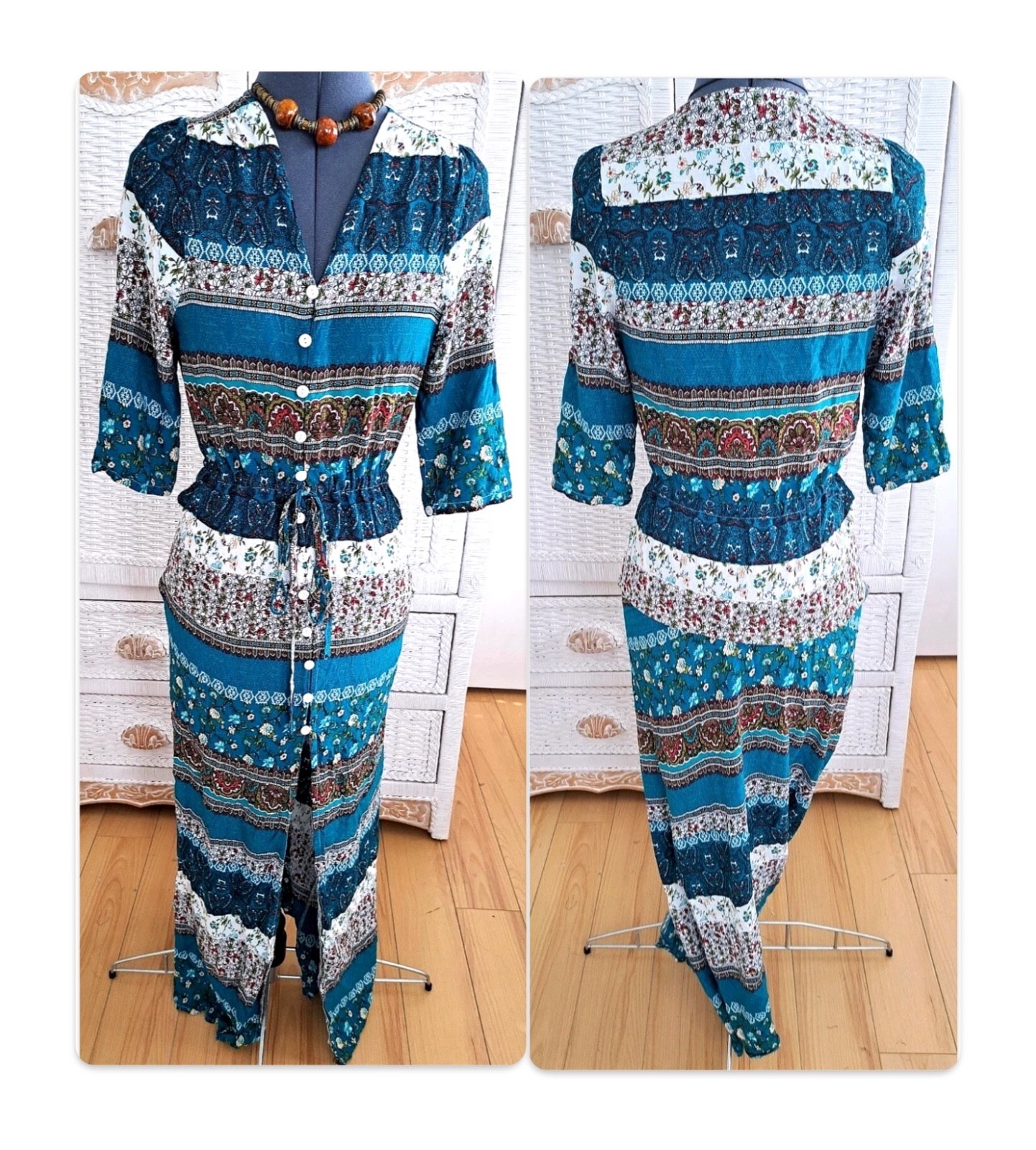 Teal Boho Patchwork Maxi Dress S R.Vivimos Rayon Button Down Drawstring Festival