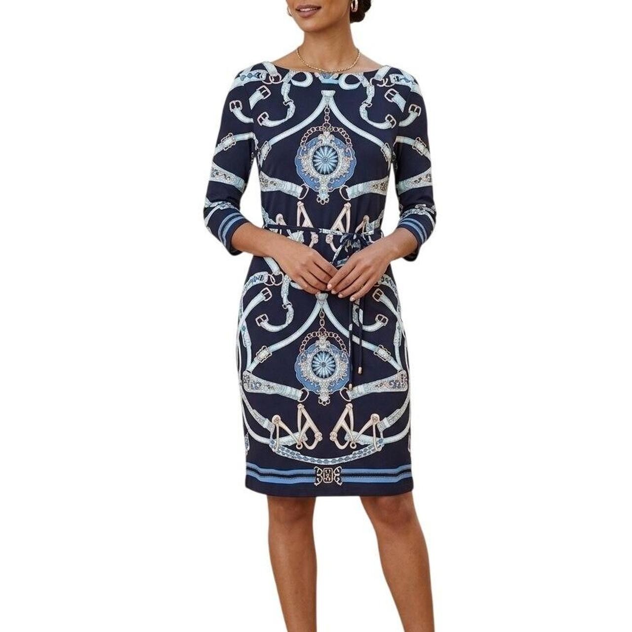 J Mclaughlin Navy scarf Print Marianne Catalina Fabric 3/4 Slv Sheath Dress XL