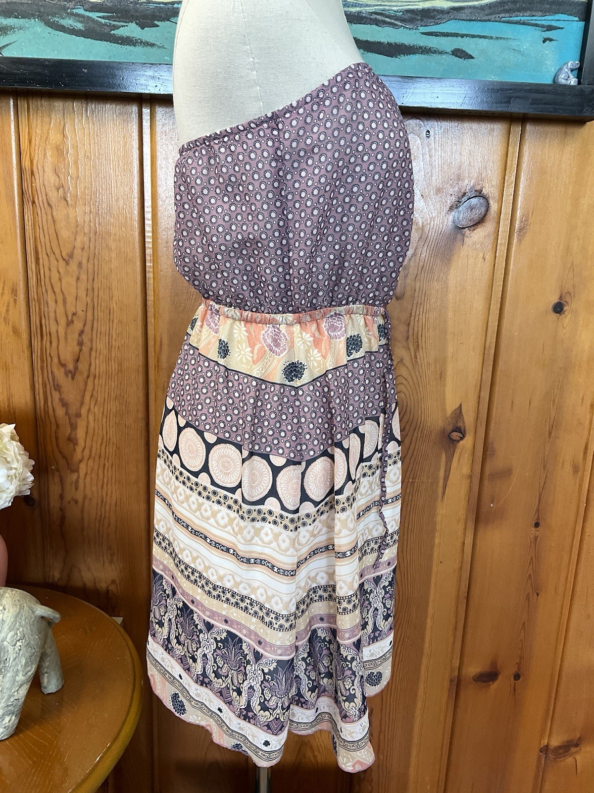 Medium Strapless Dress Purple Tan Paisley Boho Pattern Light Navy Blue Stripe