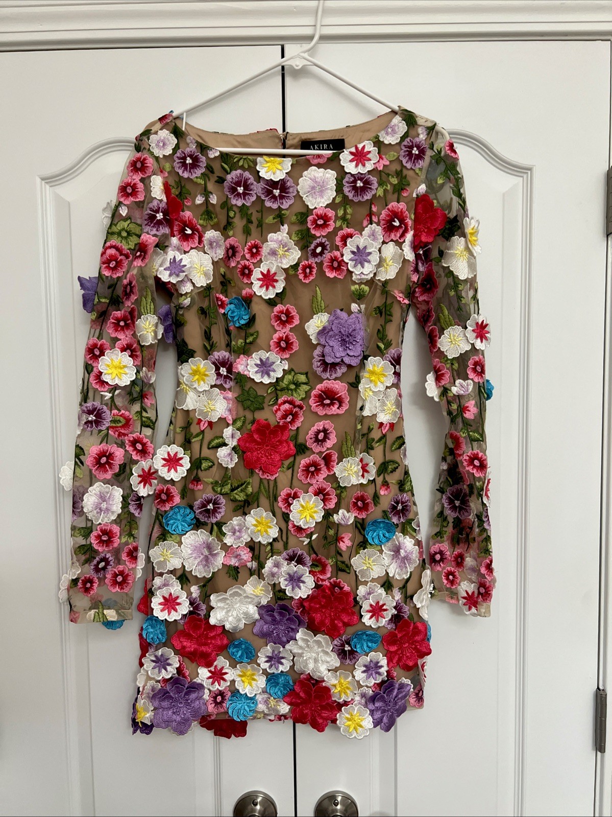 Akira Flower Power Embroidered Mesh Mini 3D Lined Open Back Dress M Retail $160