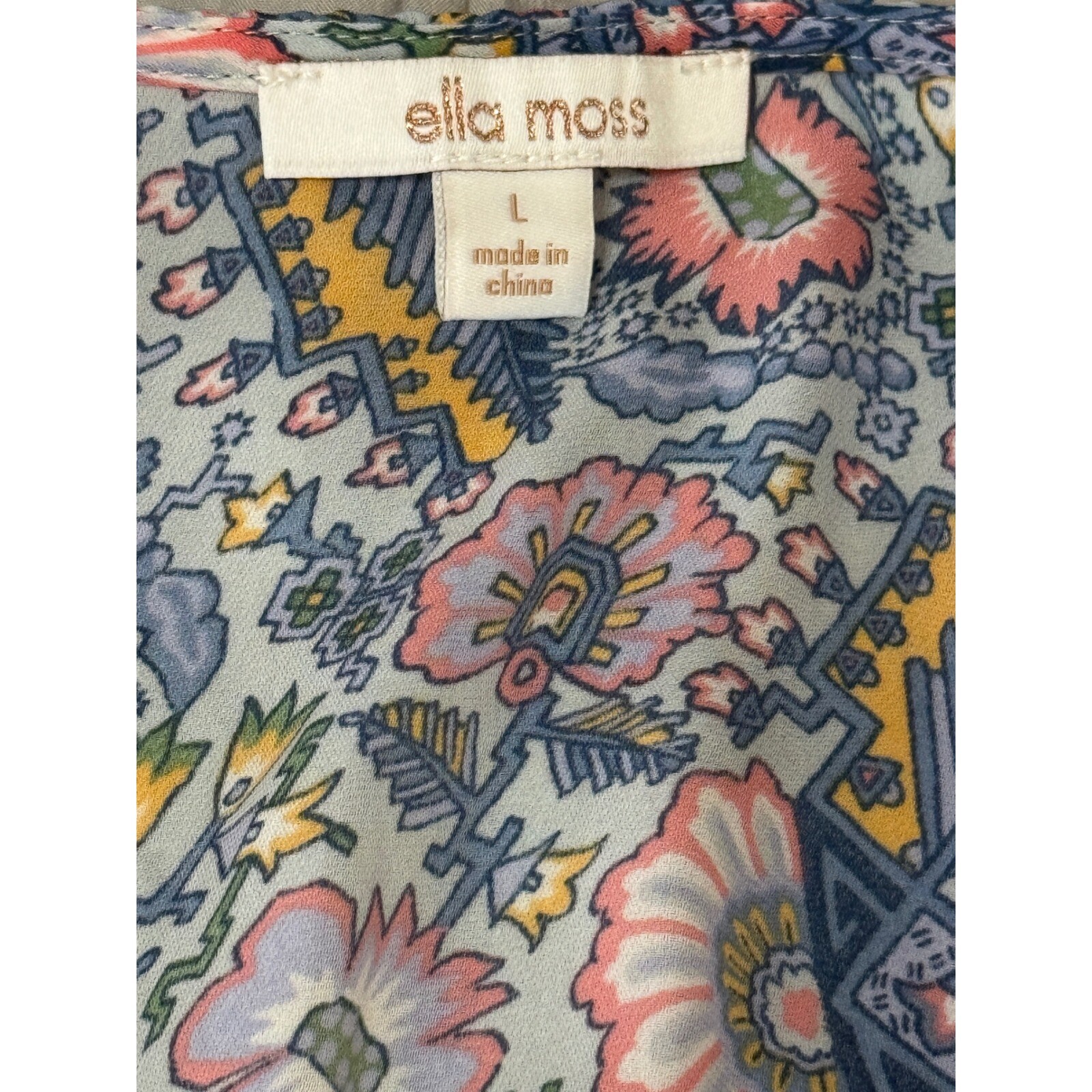 Ella Moss Maxi Dress Floral Print V Neck Tie Waist Casual Blue Size L