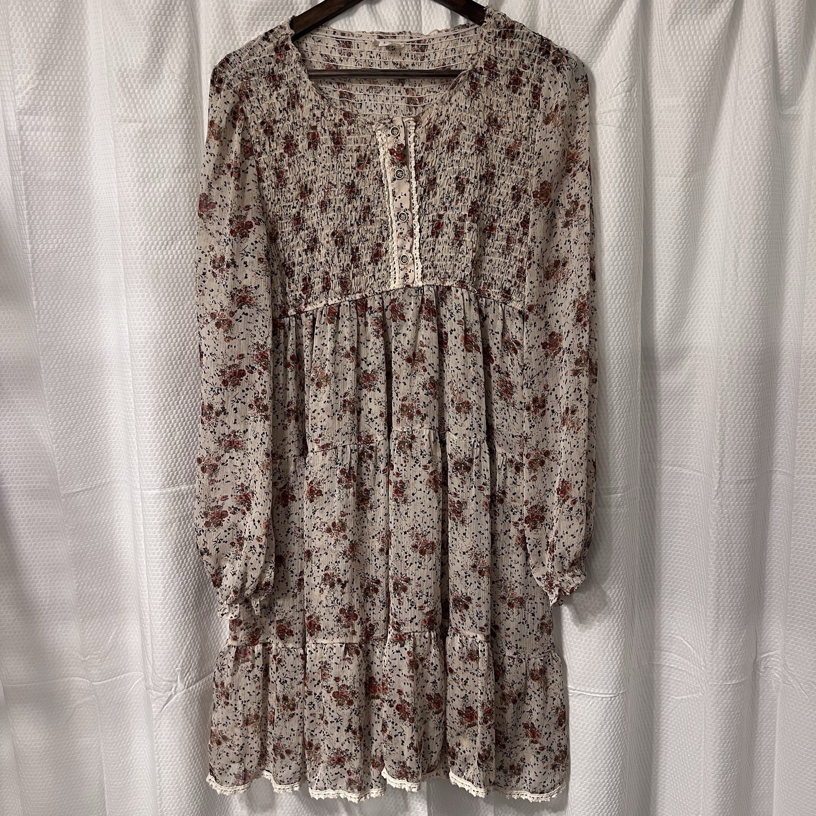 POL Dress Bohemian Smocked Button Ivory Floral Peasant Feminine L Lace Cottage