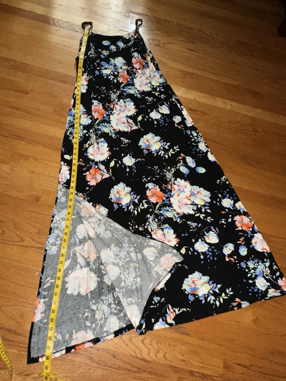 Black Multicolor Floral Maxi Dress Scoop Neck Spaghetti Strap Side Slit M