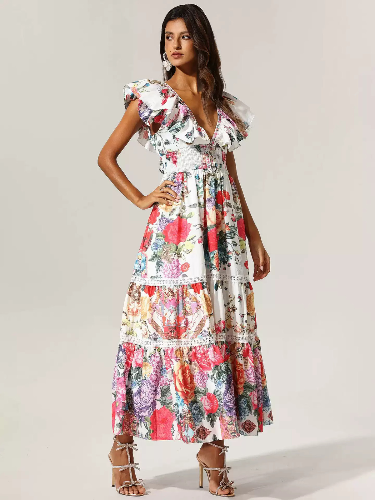 Camilla Silk V Neck Floral A Line Maxi Dress