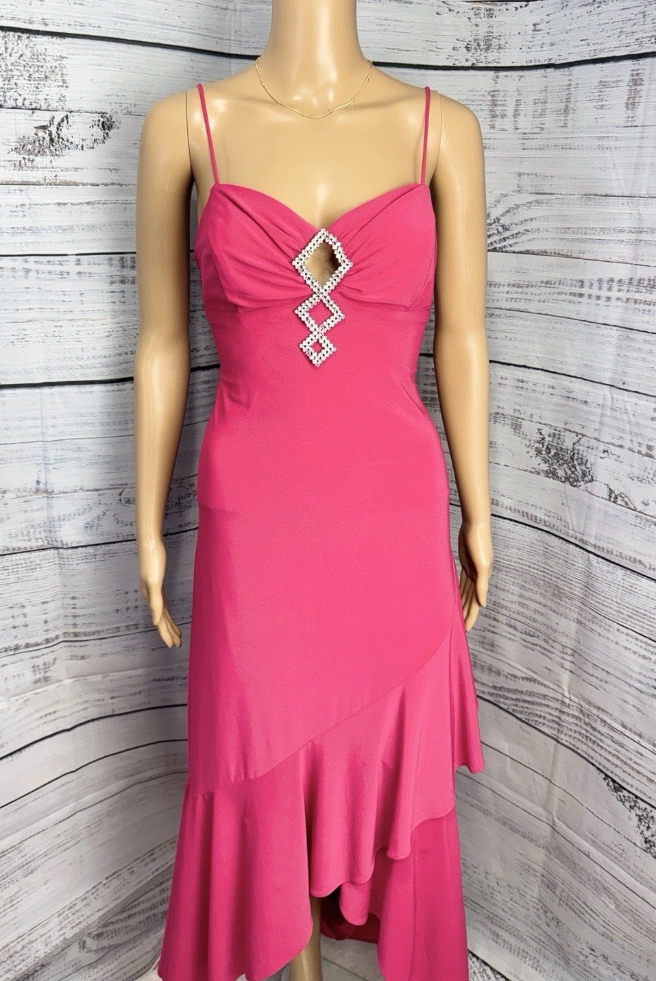 VTG Fiesta M Hot Pink Rhinestone Ruffle Hem Dress Asymmetrical Y2K