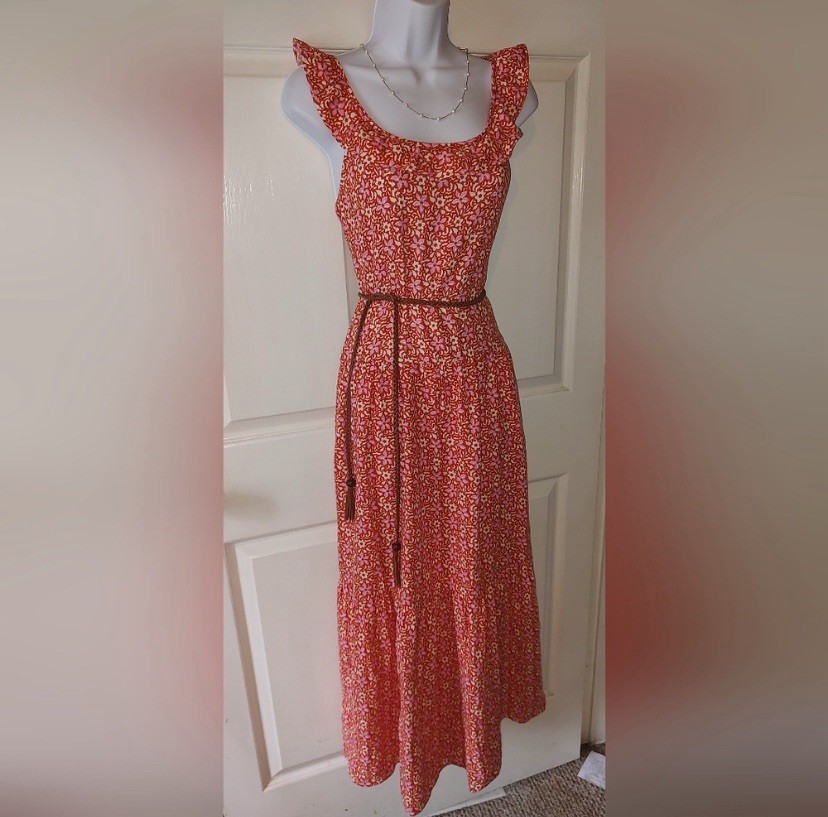 Ann Taylor Maxi Dress, Size M, Red Pink White Floral, Square Neck, Ruffle
