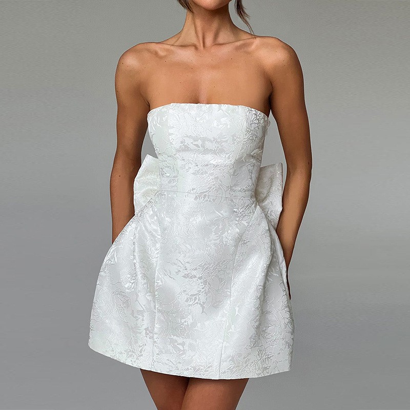 Jacquard Strapless Mini Dress Big Back Bow Pockets Short Wedding Reception Gown