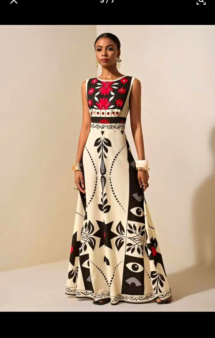 SHEIN Women’s Black/White/Red Floral Round Neck Open Back Maxi Dress 12(XL)