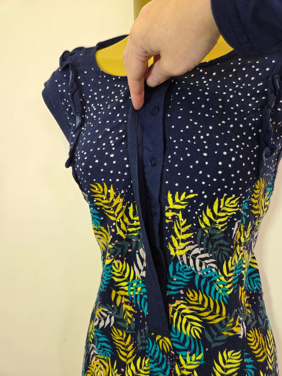 White Stuff Size 14 Navy Blue Gold Sleeveless Belt Leaf Print Autumn Tunic Dress