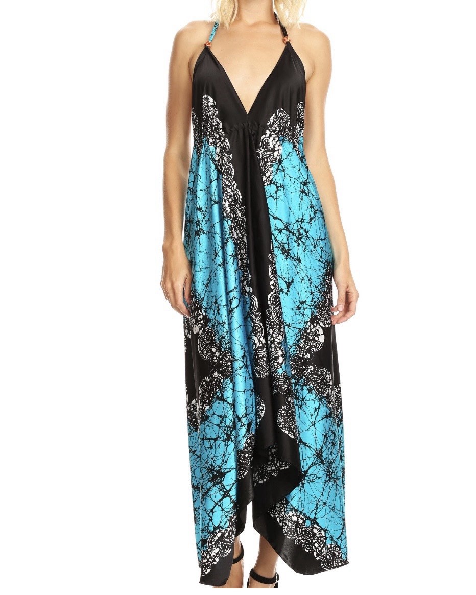 Sakkas Dress Veins Print Satin V-Neck Halter Handkerchief Hem Turquoise Black