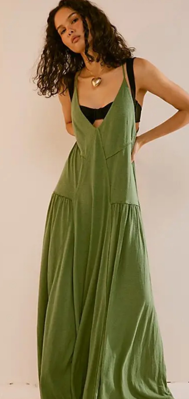 Free People FP Beach Eros Maxi Dress Strappy Oversized Sz M Green Watercress