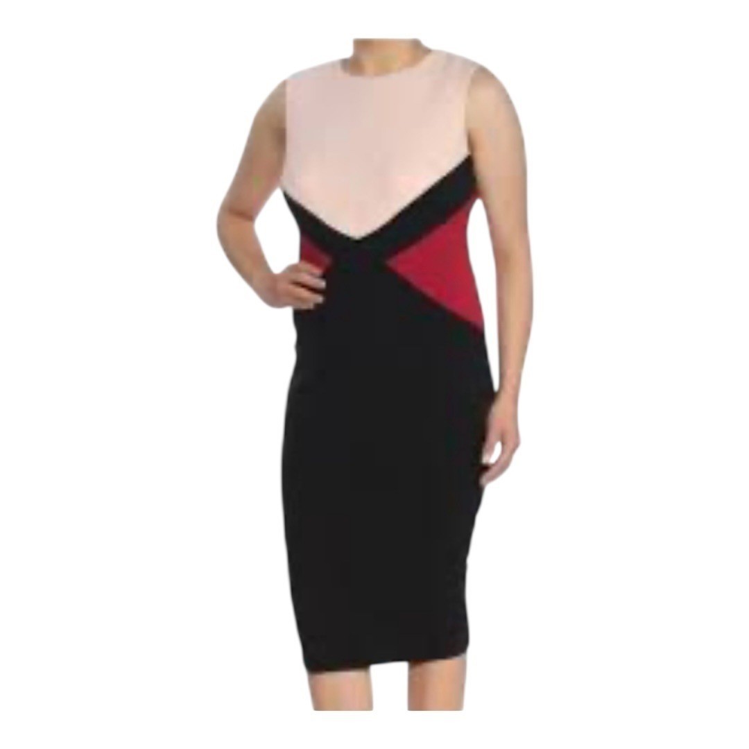 Calvin Klein Sheath Dress Size 6 Black Pink Red Colorblock Sleeveless Knee