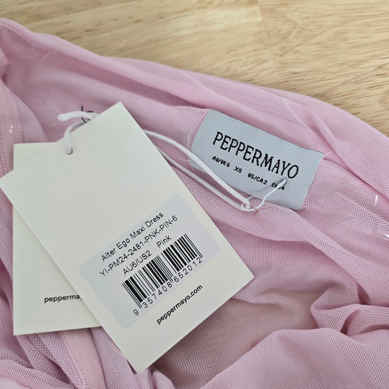 NWT Peppermayo Alter Ego Maxi Dress Pink Mesh Ruched Off Shoulder US Size 2
