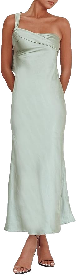 Satin One Shoulder Maxi Dress Long Size Zip Elegant Tie Slip Dress Sz XS NWT
