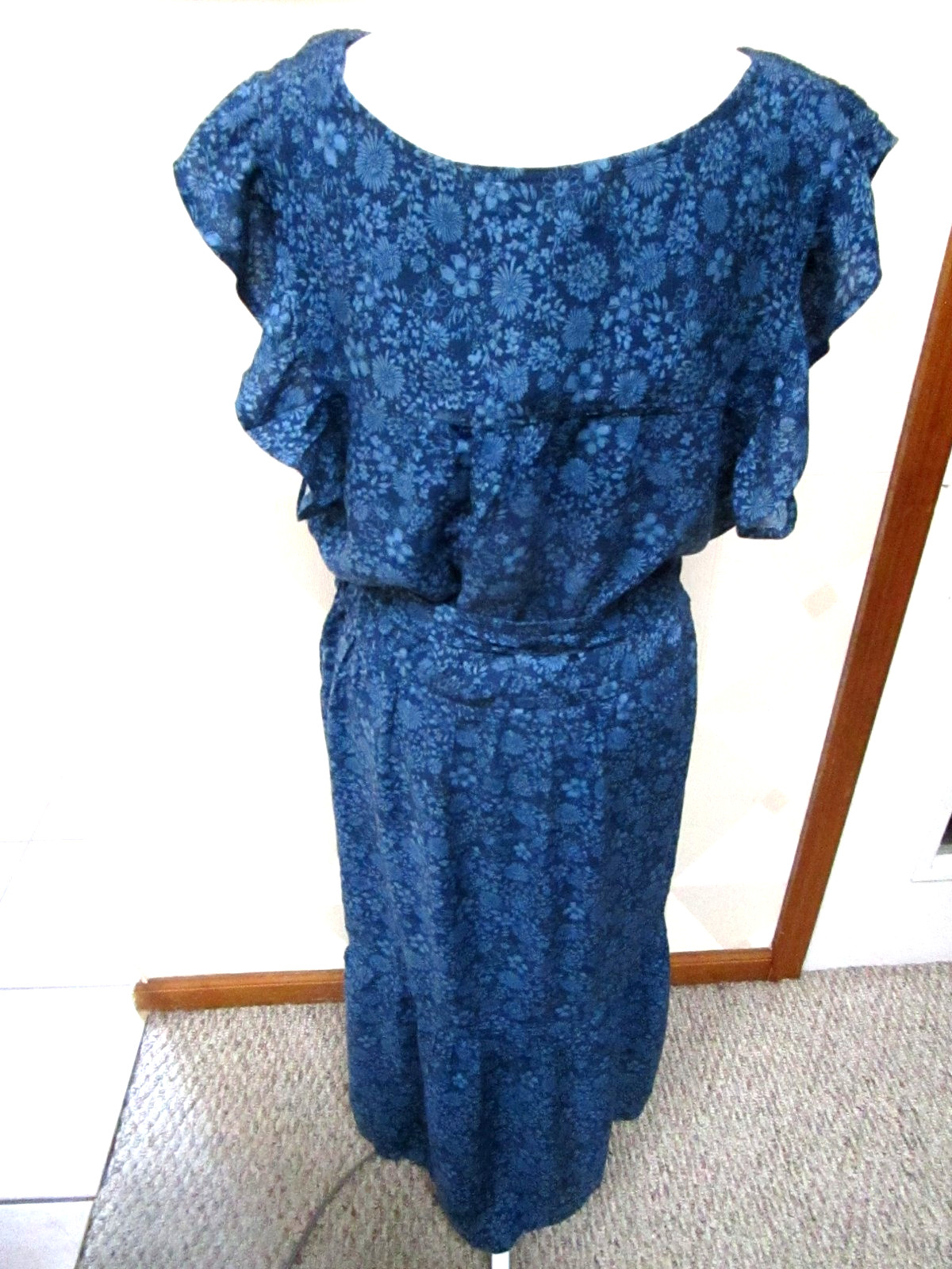 SONOMA-NAVY/BLUE-FLORAL-V-NECK-RUFFE SLEEVELESS-MAXI DRESS-SIZE-XL-NEW