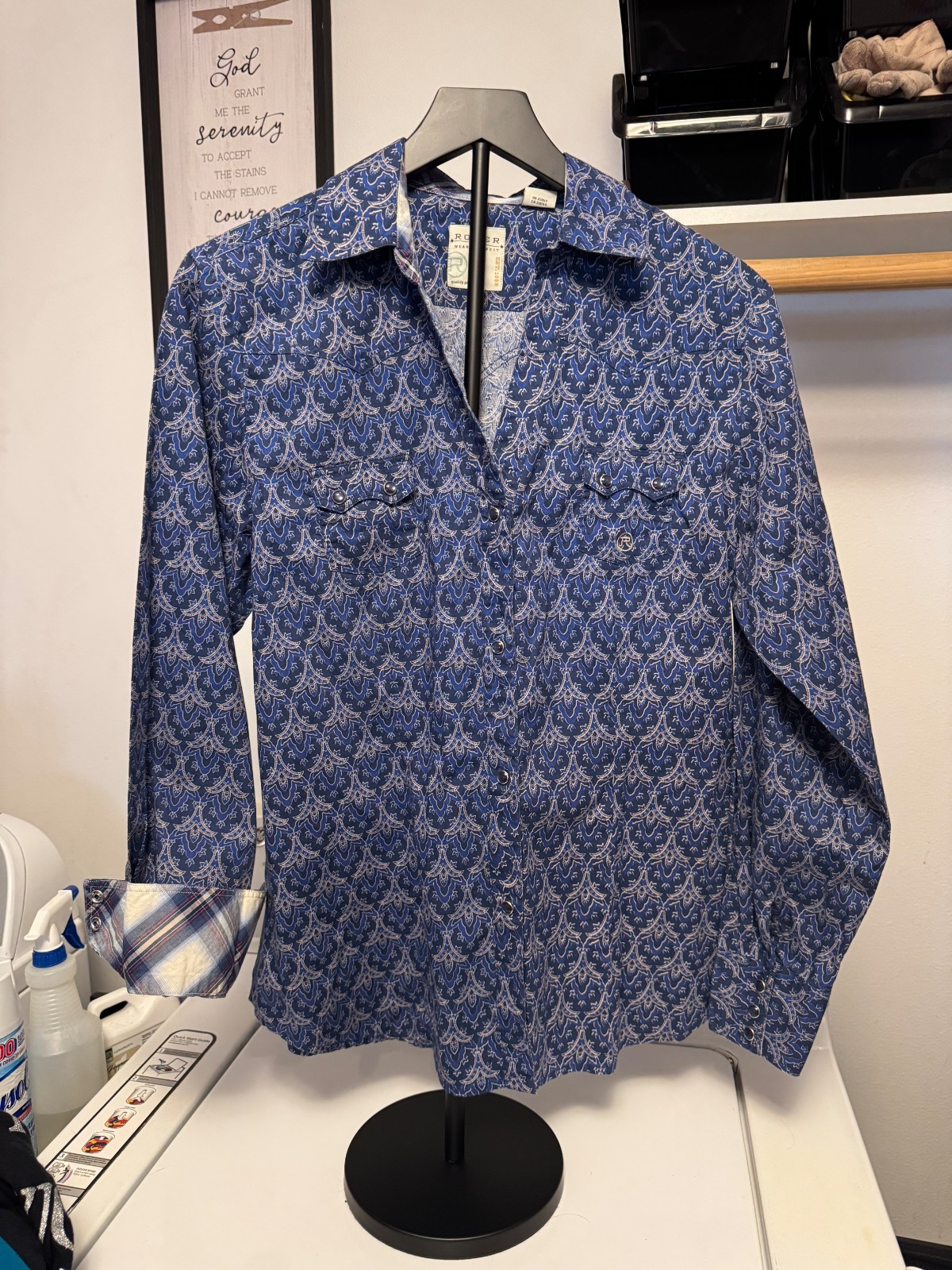 Roper Womens Western Pearl Snap Shirt Large Blue Paisley Rodeo Cowgirl Top B5