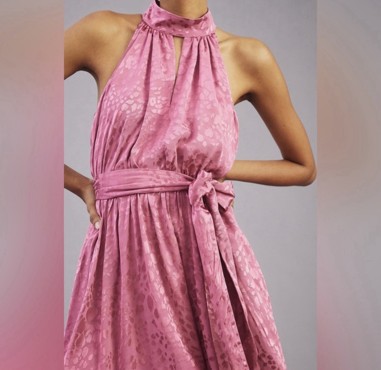 Anthropologie Rose Pink Jacquard Halter Mini Dress Small Keyhole Pockets