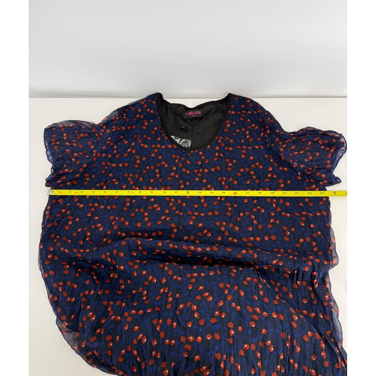 C’Melodie Paris Womens Navy Blue Red Floral Silk Blend Chiffon Dress Sz XL NEW