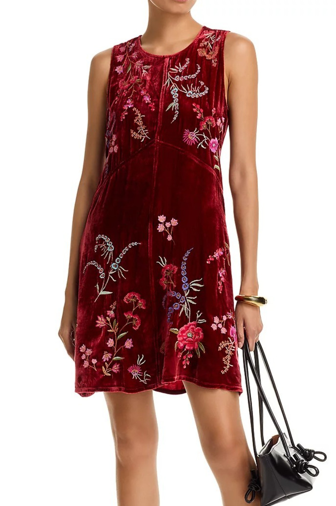 Johnny Was Velvet Chevron Embroidered Tank Dress⭐ Cranberry L $375