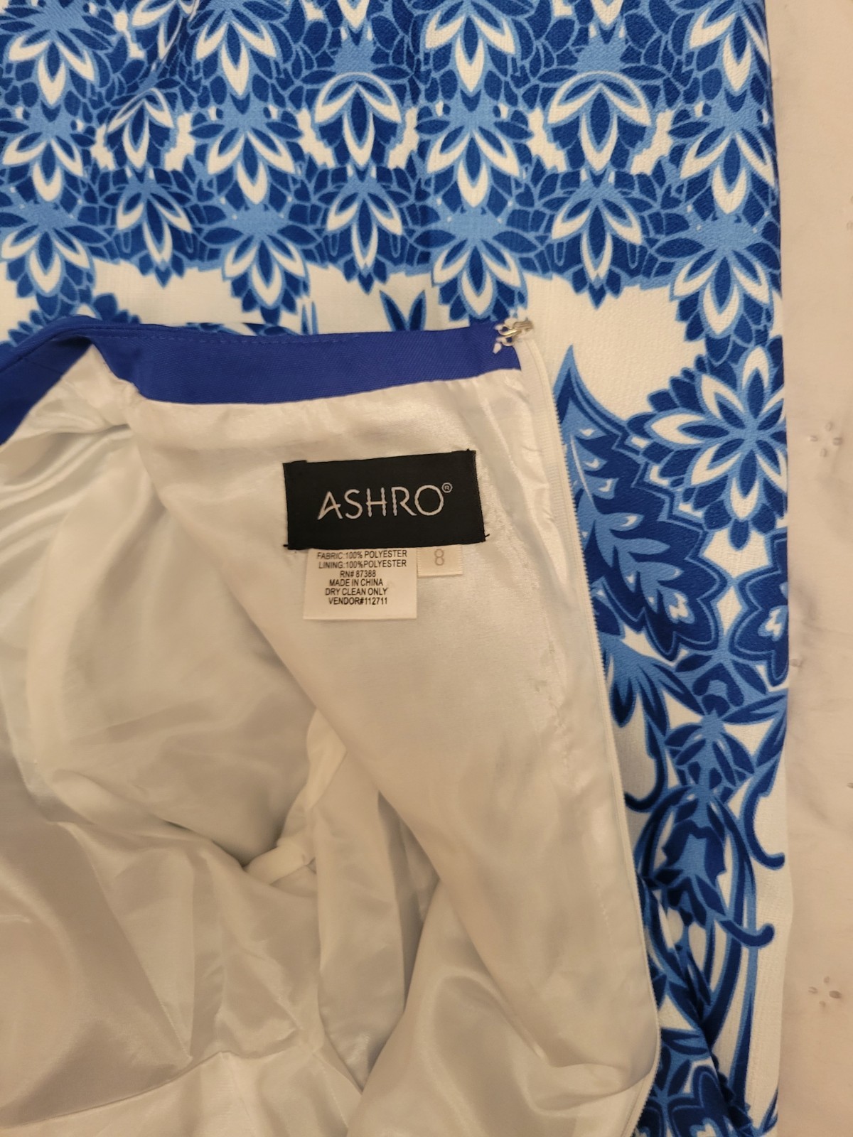 ASHRO Blue/White Floral Boat Neck 3/4 Bell Sleeve Midi A-Line Dress S/M