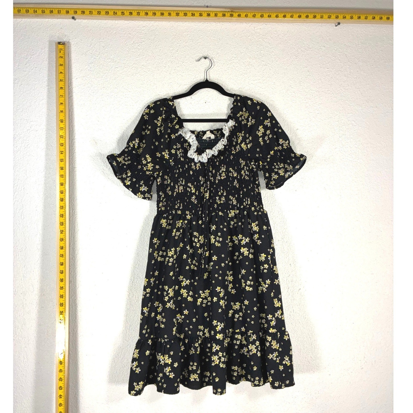 Hint of Blush Black Floral Smocked Lace Trim Mini Dress Plus Size 1X Cottagecore