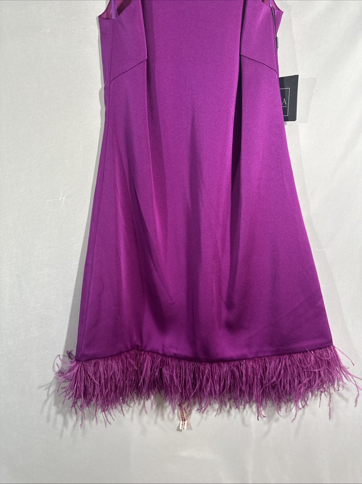 NWT IEENA Mac Duggal [ 2 ] 55805 Feathered Hem High Neck Trapeze Dress #U1531
