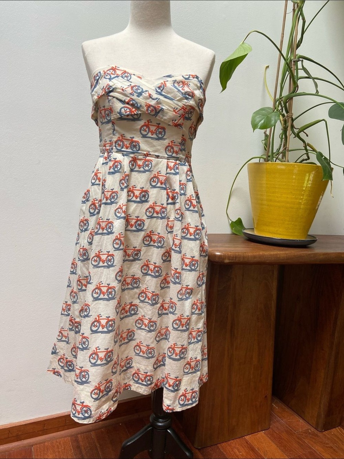 Anthropologie Bicycle Lane Print Strapless Dress in Cream and Orange