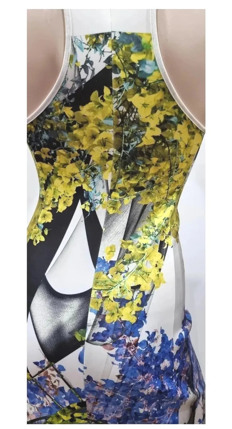 CLOVER CANYON Neoprene Scuba White Black Blue Lime Geo Print A-Line Maxi Dress M